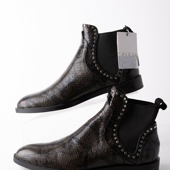 Zara Womens Flat Ankle Boots Sz 6 Eu 36 Snakeskin - Picture 5 of 9